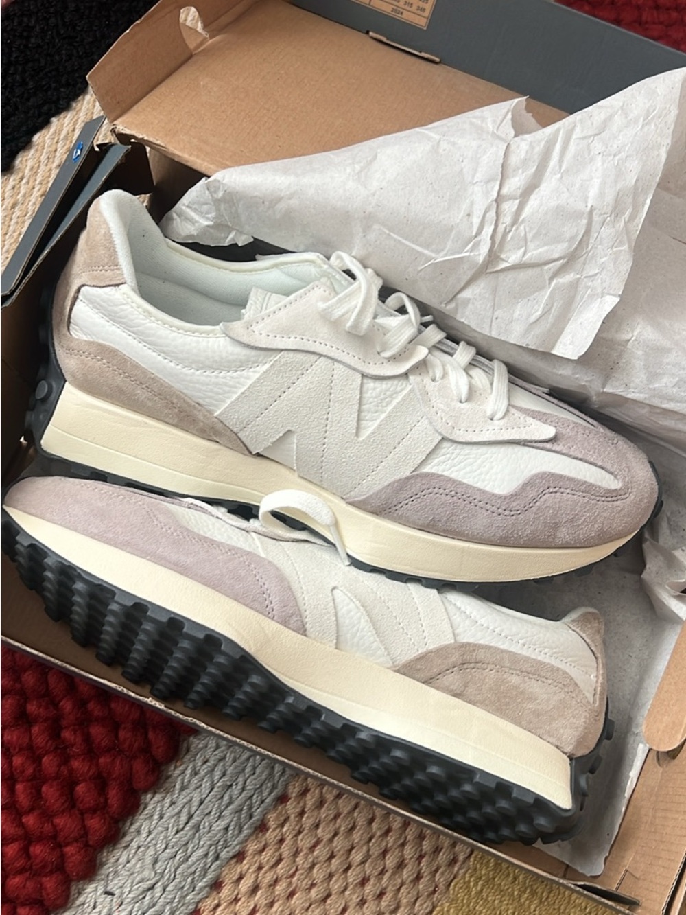 New Balance Men’s White and Light Taupe 327 Sneaker